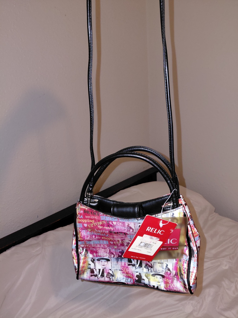 Relic Pink Multi Collage Crossbody with Black Trim